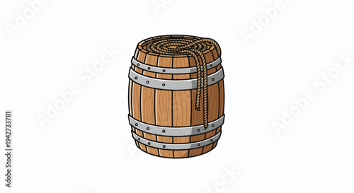 A wooden barrel with metal bands, holding a coiled rope on top