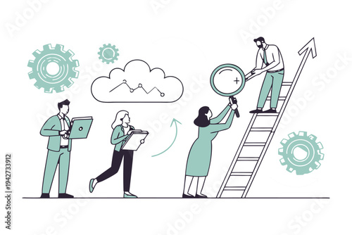Professional business team managing time and tasks with gears,
Professional Human Resources Illustration.
clock, calendar, and checklist. 
Concept of effective planning, productivity, 
Efficiency at w