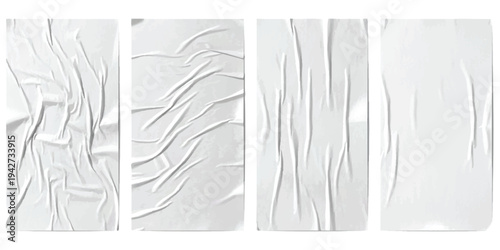 A collection of four wrinkled white paper textures showing varying degrees of creases and folds for mockup purposes