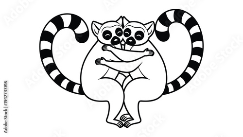 Lemurs Embracing in Black and White: A simple, heartwarming line art illustration of two lemurs hugging, their bodies forming a loving embrace, the monochrome style enhances the graphic quality.