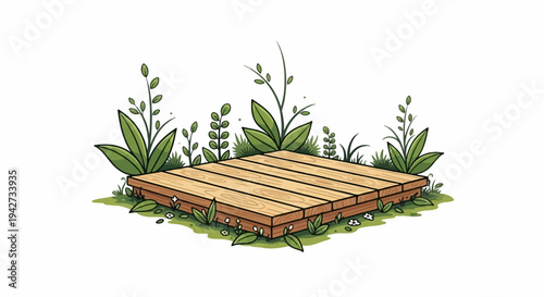 A wooden platform sits amidst lush greenery and small white flowers