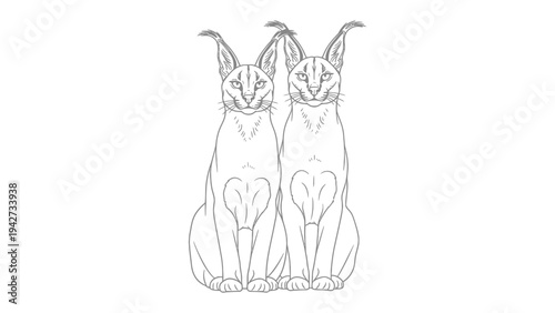 Caracal Cat Duo Line Art: A delicate, minimalist line art drawing presents two caracal cats, their characteristic tufted ears and alert gaze suggesting a quiet confidence and natural elegance.