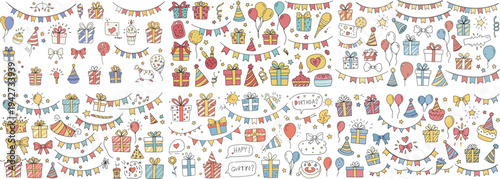 Colorful hand-drawn celebration elements featuring gifts, balloons, and festive decorations.