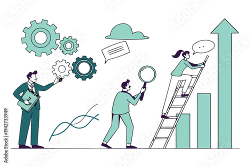Professional business team managing time and tasks with gears,
Professional Human Resources Illustration.
clock, calendar, and checklist. 
Concept of effective planning, productivity, 
Efficiency at w