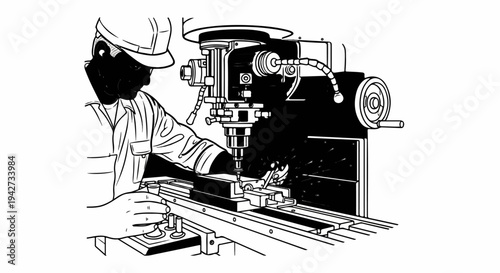 A worker in a hard hat uses a drill press to machine metal