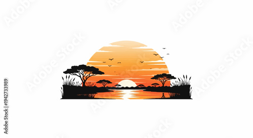 African savanna sunset with acacia trees, birds, and a lone figure by water