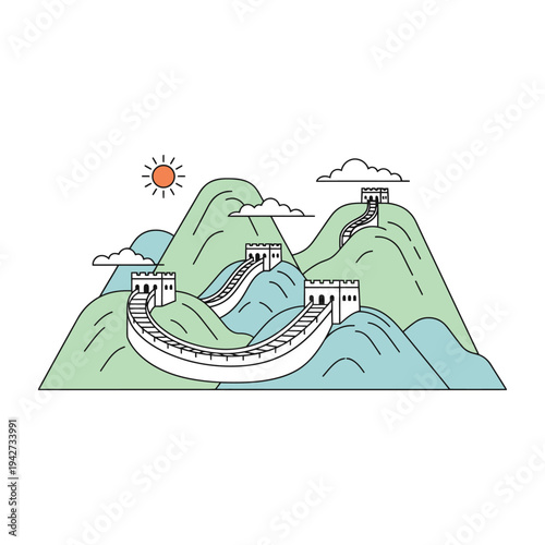 Great Wall of China Scenic Mountain Landscape Illustration.