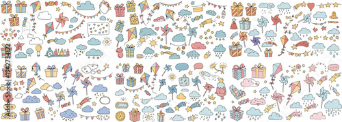 Colorful hand-drawn doodles of kites, clouds, gifts, and festive elements, perfect for cheerful designs.