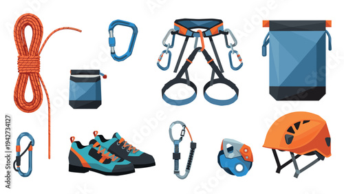 Essential climbing gear: harness, carabiner, helmet, rope, and shoes in flat design