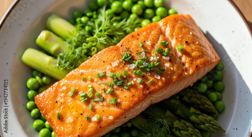 grilled salmon with asparagus and peas