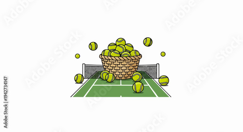 A woven basket overflows with tennis balls on a green court beside a net