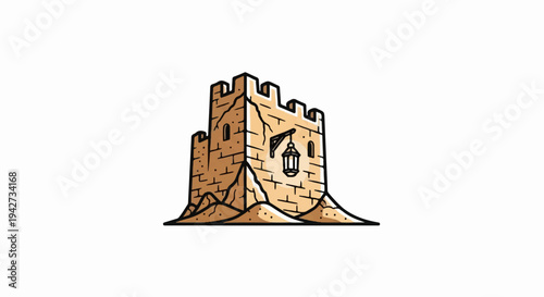 Ancient stone tower with crenellations and a hanging lantern on sandy terrain
