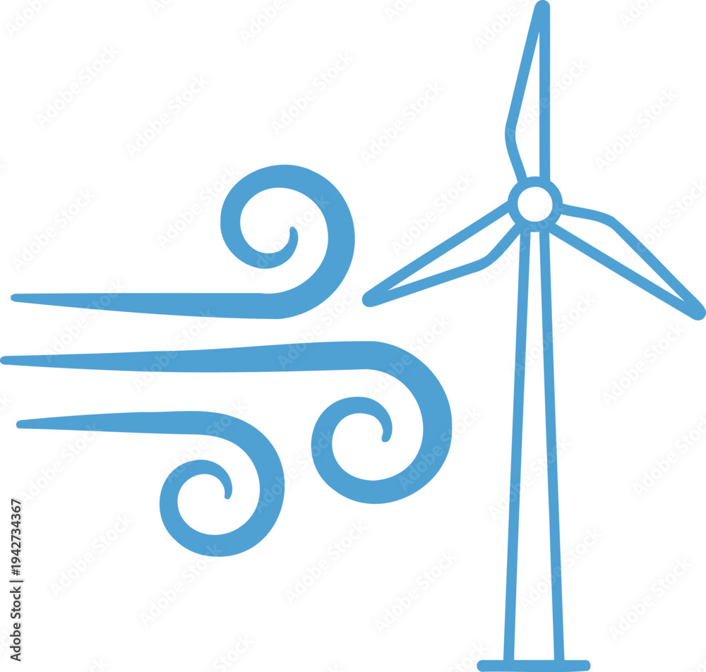 Naklejka premium Minimalist Blue Line Icon of a Wind Turbine with Wind Swirls Symbolizing Renewable Green Energy and Sustainable Environmental Solutions for Modern Business.