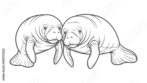 Pair of Gentle Giants: A tender illustration portrays two manatees, embodying the grace and gentle nature of these aquatic mammals. Showcasing their form in a serene representation.