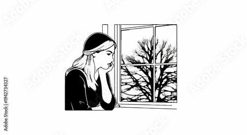 A young woman looks out a window at a bare tree in winter