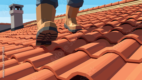 Worker walking on tiled roof with boots in sunny weather