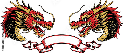 Two traditional red and gold Chinese dragon heads facing each other with an empty red ribbon banner below, vector illustration for Asian culture designs