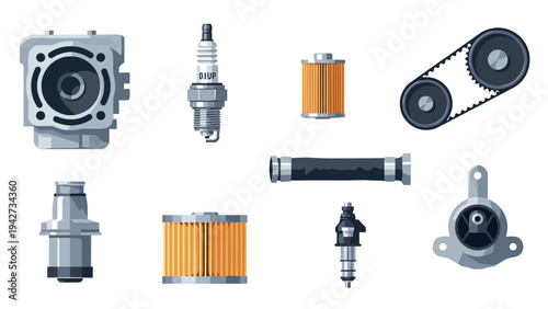 Engine parts collection with filters, spark plugs, and gears in flat design