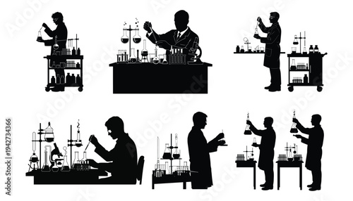 Scientist Silhouette Working in Lab Vector Icons
