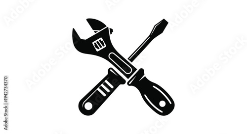 Simple black and white vector graphic illustration of a crossed adjustable wrench and screwdriver tool set