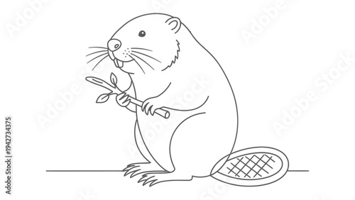 Beaver's Busy Day: A meticulously illustrated beaver, holding a twig with a hint of determination in its eyes, perfect for coloring enthusiasts and educational resources.