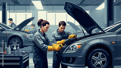 Mechanics working in modern auto shop