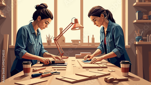 Women crafting in workshop: creative hands-on artisanship in cozy studio setting