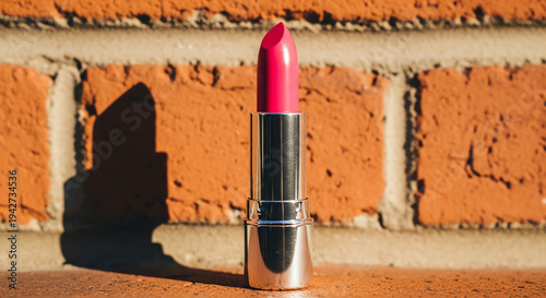 Pink lipstick on brick background