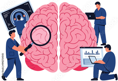 Medical professionals examining a human brain with MRI scan, magnifying glass, and data analysis on laptops, representing neurology, research, and mental health vector illustration