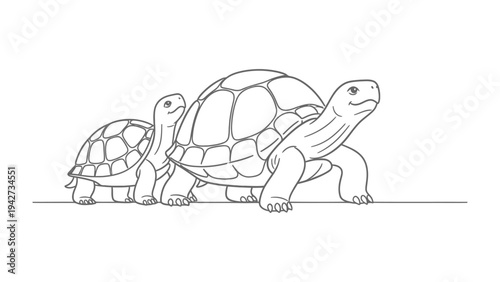 Turtle Duo Outline: Adorable line drawing showcases two turtles, highlighting the gentle curve of their shells and the simple beauty of nature.