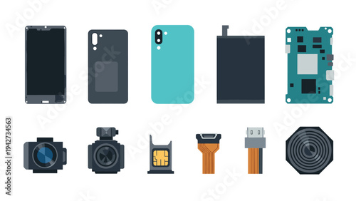 Smartphone components in modern flat style: essential mobile parts