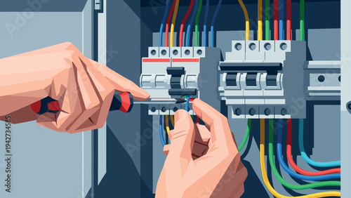Electrician working on circuit breaker panel with colorful wiring connections