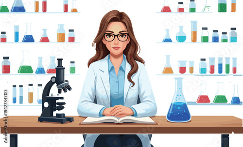 Female Scientist Conducting Research Experiment Using Microscope and Chemical Flasks in Modern Laboratory Setting for Scientific Discovery and Education