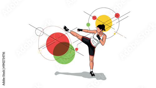 Dynamic mixed martial artist kicking with modern geometric background design
