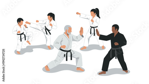 Diverse martial arts training group practicing karate in traditional uniforms