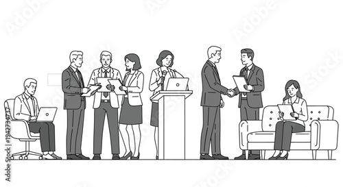 This professional illustration captures a diverse group of business professionals actively collaborating, presenting, and networking in a modern office or conference setting, highlighting various aspe