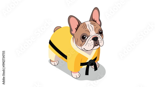 Charming french bulldog in karate gi on white background
