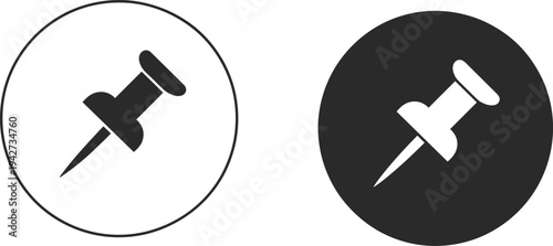 Black and white push pin silhouettes in circular frames, flat vector illustration icons for office supplies, location markers, and reminders