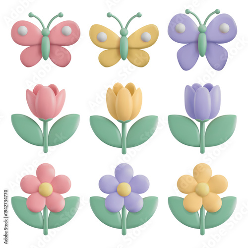 3D spring flower set with tulips, chamomile daisies, leaves, and butterflies. Cute plasticine style botanical icons, garden elements for decoration, seasonal design, bouquets not ai.