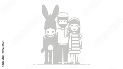 Family and Donkey: A heartwarming illustration of a family standing together, accompanied by a friendly donkey. capturing unity and companionship.