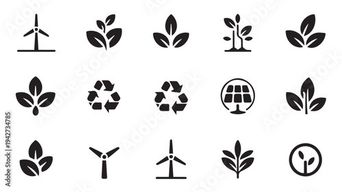 Eco-friendly icons: wind turbine, leaves, sprouts, recycle symbol, solar panel, and plantations, promoting green energy and environmental themes
