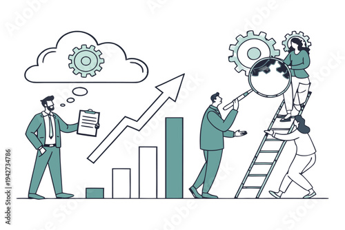Professional business team managing time and tasks with gears,
Professional Human Resources Illustration.
clock, calendar, and checklist. 
Concept of effective planning, productivity, 
Efficiency at w
