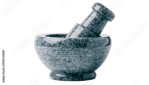 Gray granite mortar and pestle on white background cut out on PNG. AI GENERATED. 
