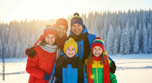 happy family in winter clothes standing together outdoors