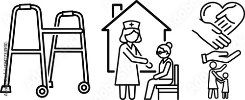 Elderly Care and Nursing Service Icons with Walker for Home Healthcare