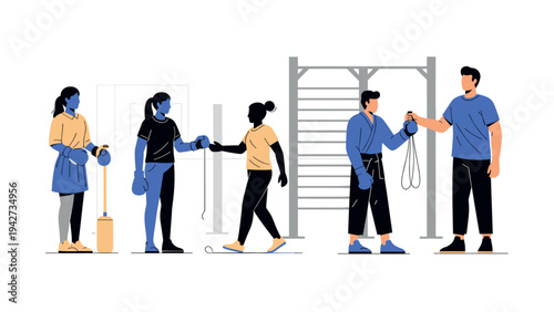 Fitness class with boxing gloves and jump rope in modern gym setting