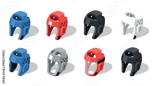 Colorful isometric mma helmets set in various colors for sports safety design