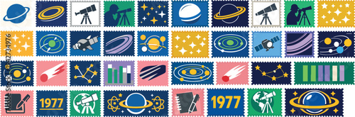 Discovery of the Rings of Uranus Stamp Set Space Icons with Telescopes and Planets