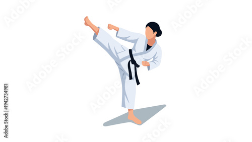 Karate practitioner in action performing high kick in traditional attire