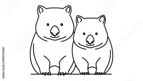 Wombat Duo: Two charming wombats, rendered in a simple, clean line art style, stand side-by-side, exuding a sense of playful companionship and gentle charm.